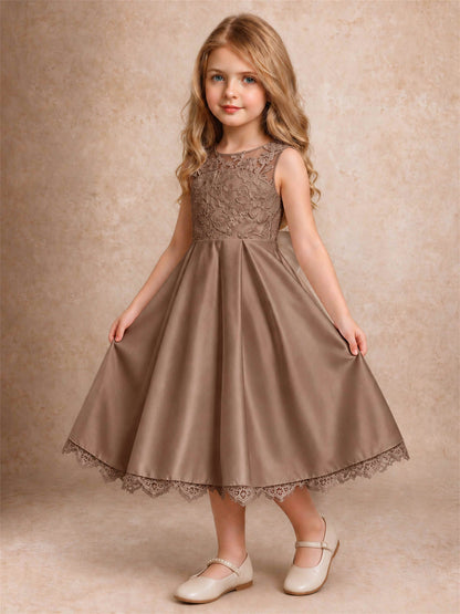 Flower Girl Dress Sleeveless Floral Lace Knee Length Lace Hem First Communion Dress