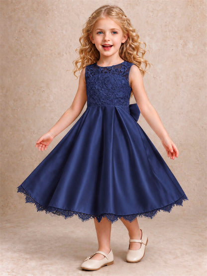 Flower Girl Dress Sleeveless Floral Lace Knee Length Lace Hem First Communion Dress