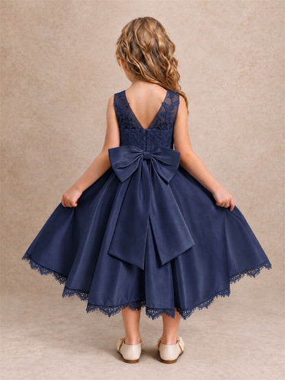 Flower Girl Dress Sleeveless Floral Lace Knee Length Lace Hem First Communion Dress