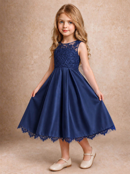 Flower Girl Dress Sleeveless Floral Lace Knee Length Lace Hem First Communion Dress