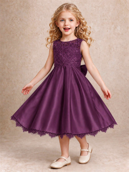 Flower Girl Dress Sleeveless Floral Lace Knee Length Lace Hem First Communion Dress