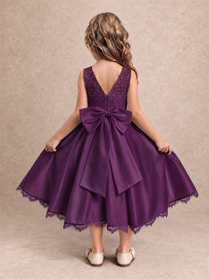 Flower Girl Dress Sleeveless Floral Lace Knee Length Lace Hem First Communion Dress