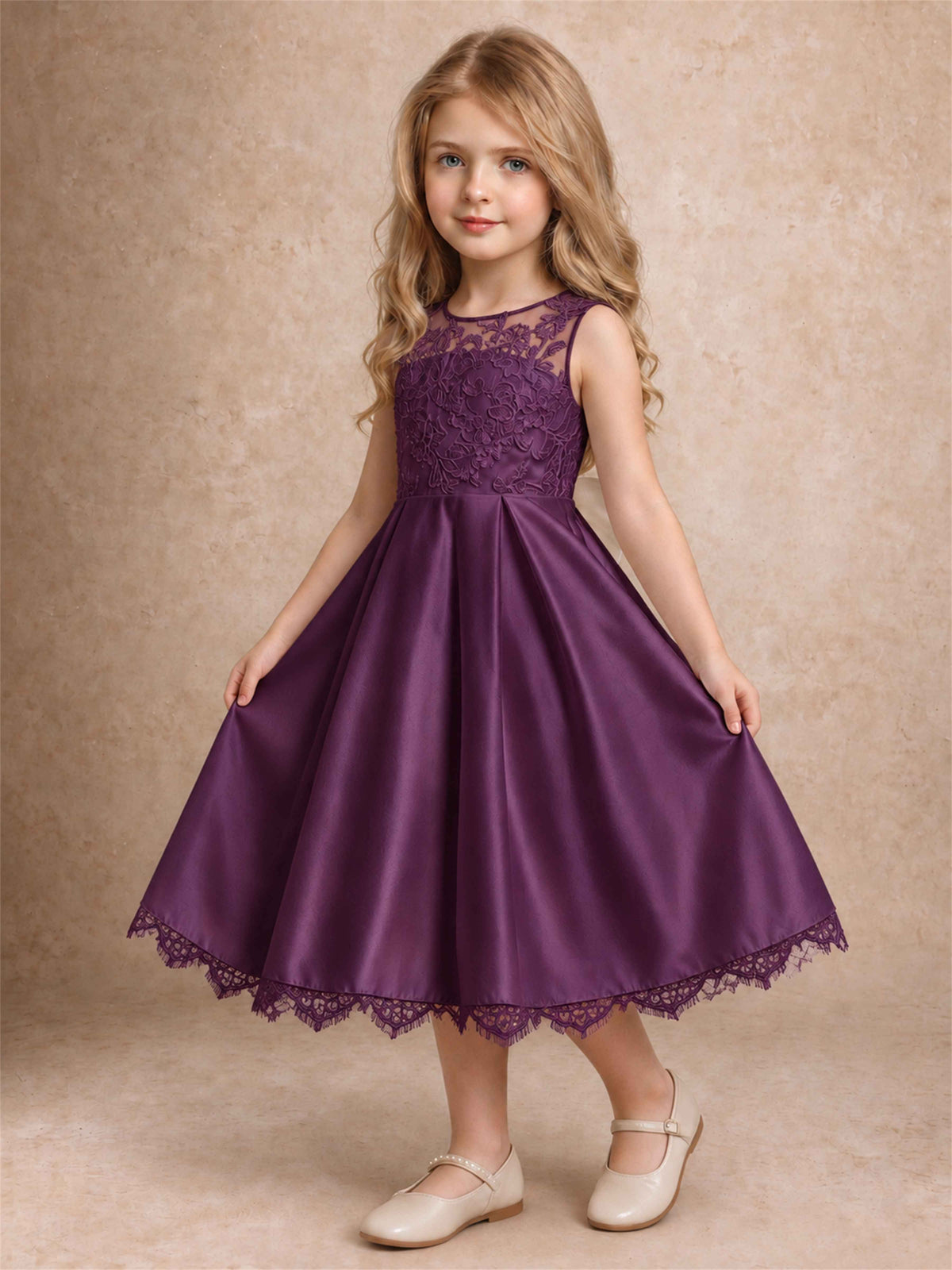 Flower Girl Dress Sleeveless Floral Lace Knee Length Lace Hem First Communion Dress