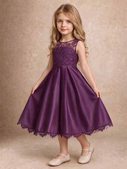 Flower Girl Dress Sleeveless Floral Lace Knee Length Lace Hem First Communion Dress