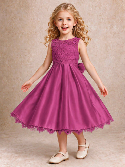 Flower Girl Dress Sleeveless Floral Lace Knee Length Lace Hem First Communion Dress