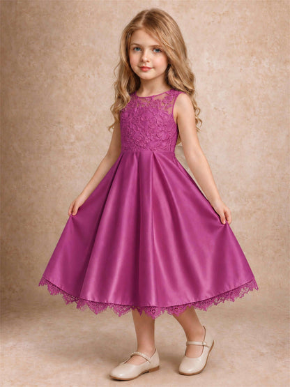 Flower Girl Dress Sleeveless Floral Lace Knee Length Lace Hem First Communion Dress