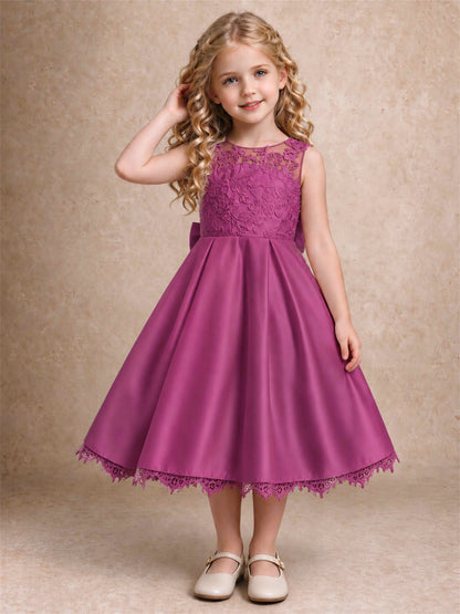 Flower Girl Dress Sleeveless Floral Lace Knee Length Lace Hem First Communion Dress