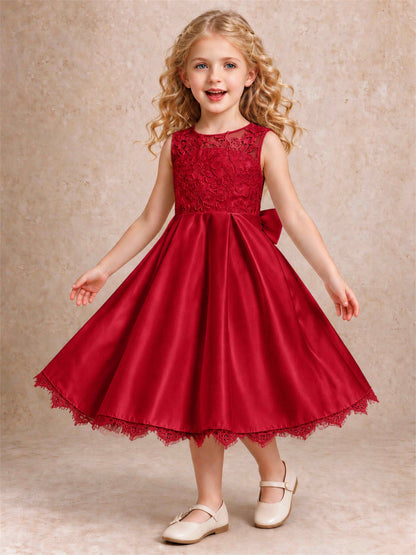 Flower Girl Dress Sleeveless Floral Lace Knee Length Lace Hem First Communion Dress