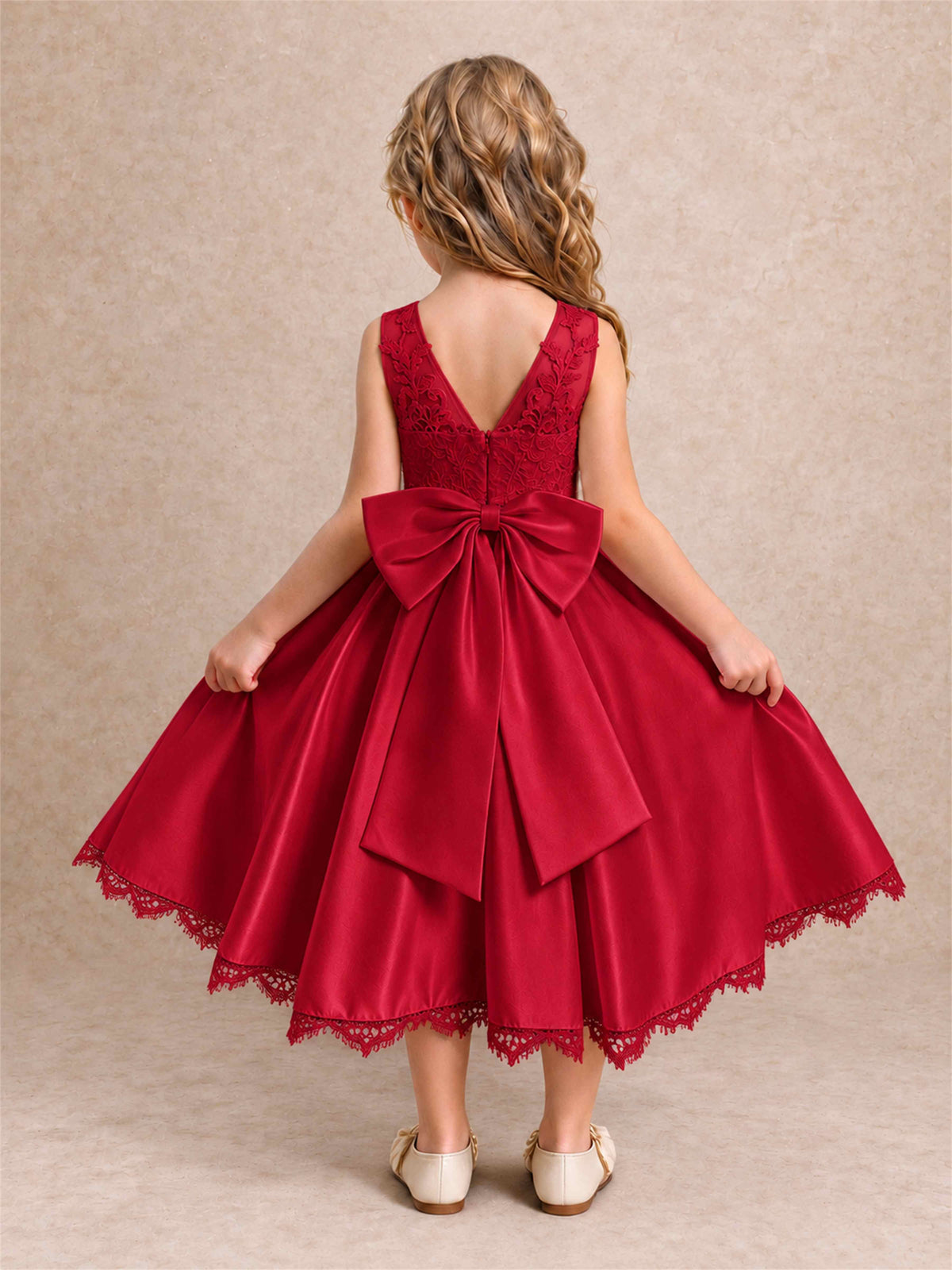 Flower Girl Dress Sleeveless Floral Lace Knee Length Lace Hem First Communion Dress