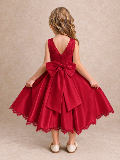 Flower Girl Dress Sleeveless Floral Lace Knee Length Lace Hem First Communion Dress