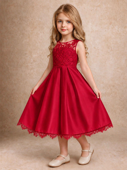Flower Girl Dress Sleeveless Floral Lace Knee Length Lace Hem First Communion Dress