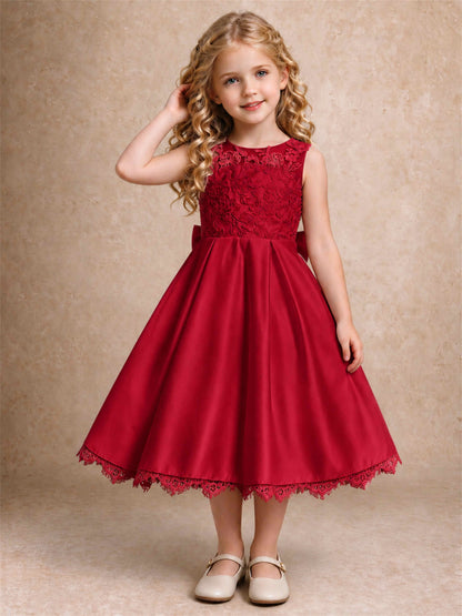 Flower Girl Dress Sleeveless Floral Lace Knee Length Lace Hem First Communion Dress