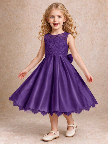 Flower Girl Dress Sleeveless Floral Lace Knee Length Lace Hem First Communion Dress