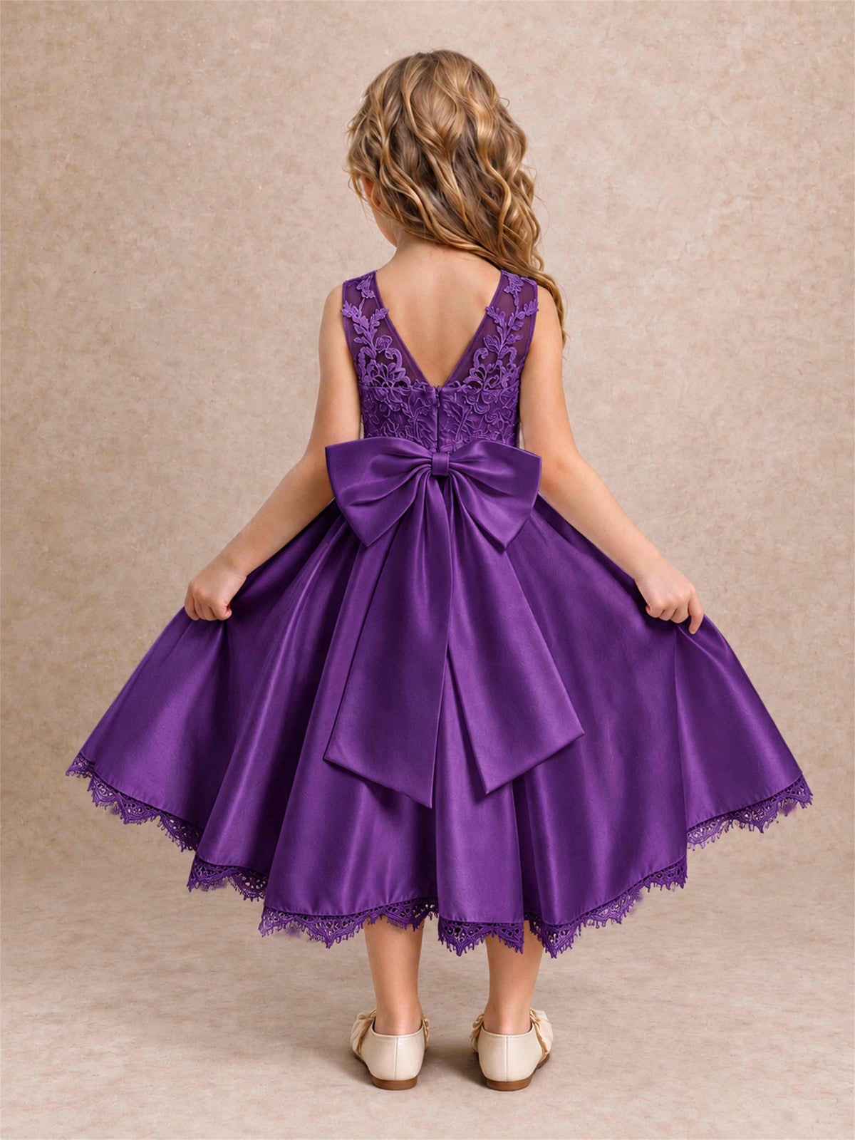 Flower Girl Dress Sleeveless Floral Lace Knee Length Lace Hem First Communion Dress