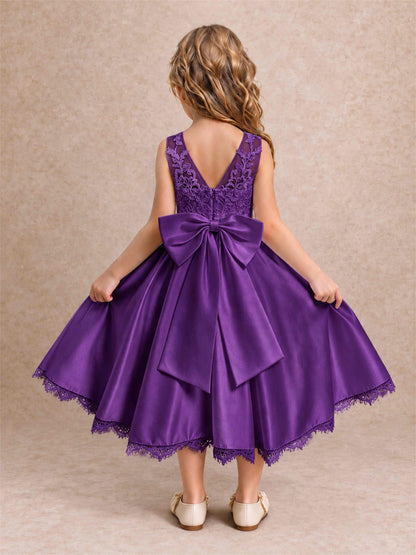 Flower Girl Dress Sleeveless Floral Lace Knee Length Lace Hem First Communion Dress