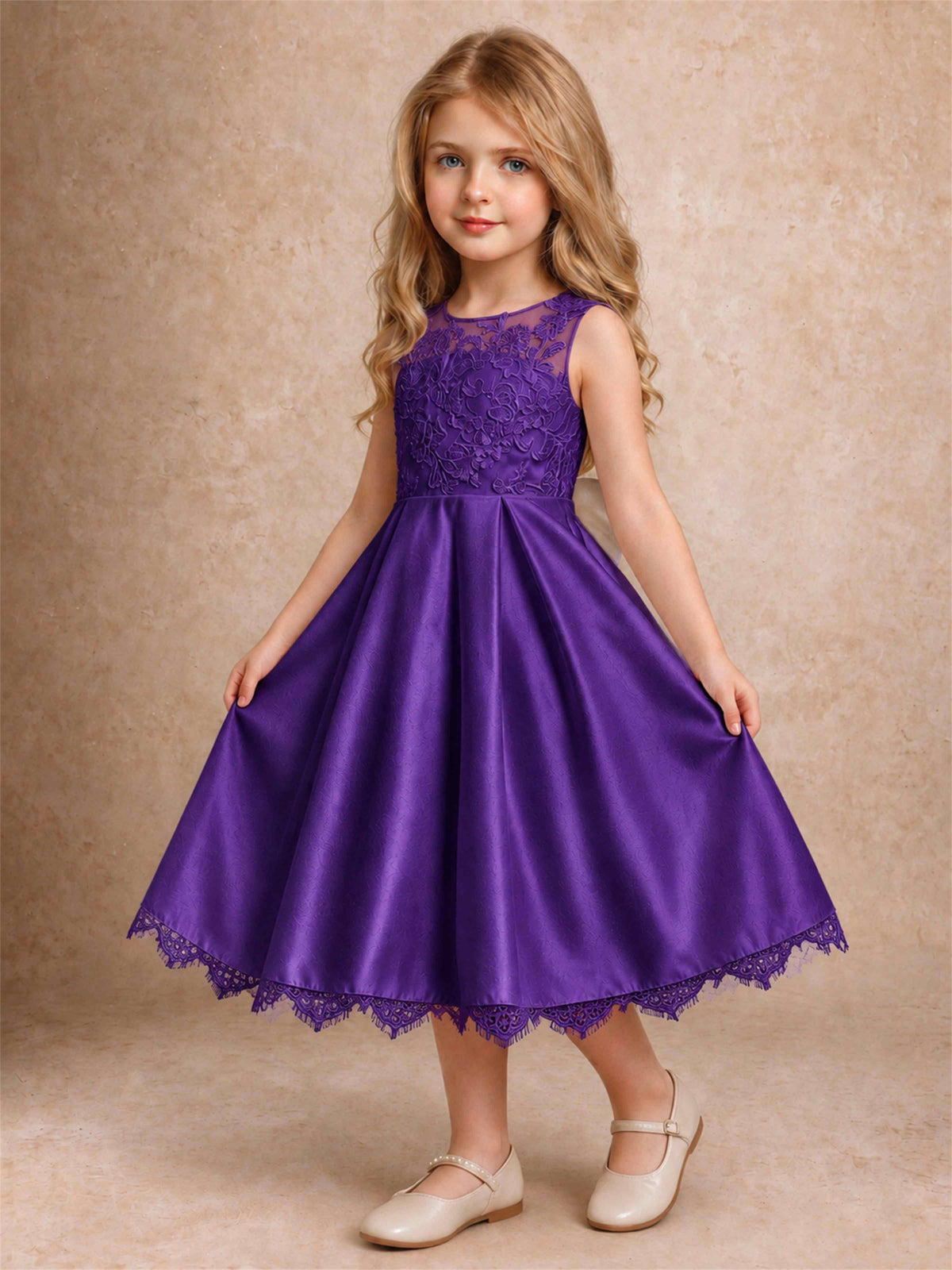Flower Girl Dress Sleeveless Floral Lace Knee Length Lace Hem First Communion Dress
