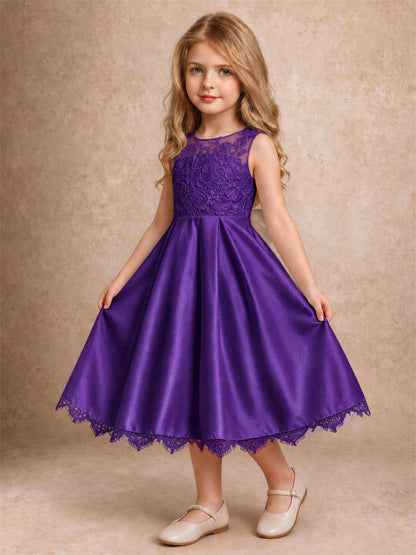 Flower Girl Dress Sleeveless Floral Lace Knee Length Lace Hem First Communion Dress