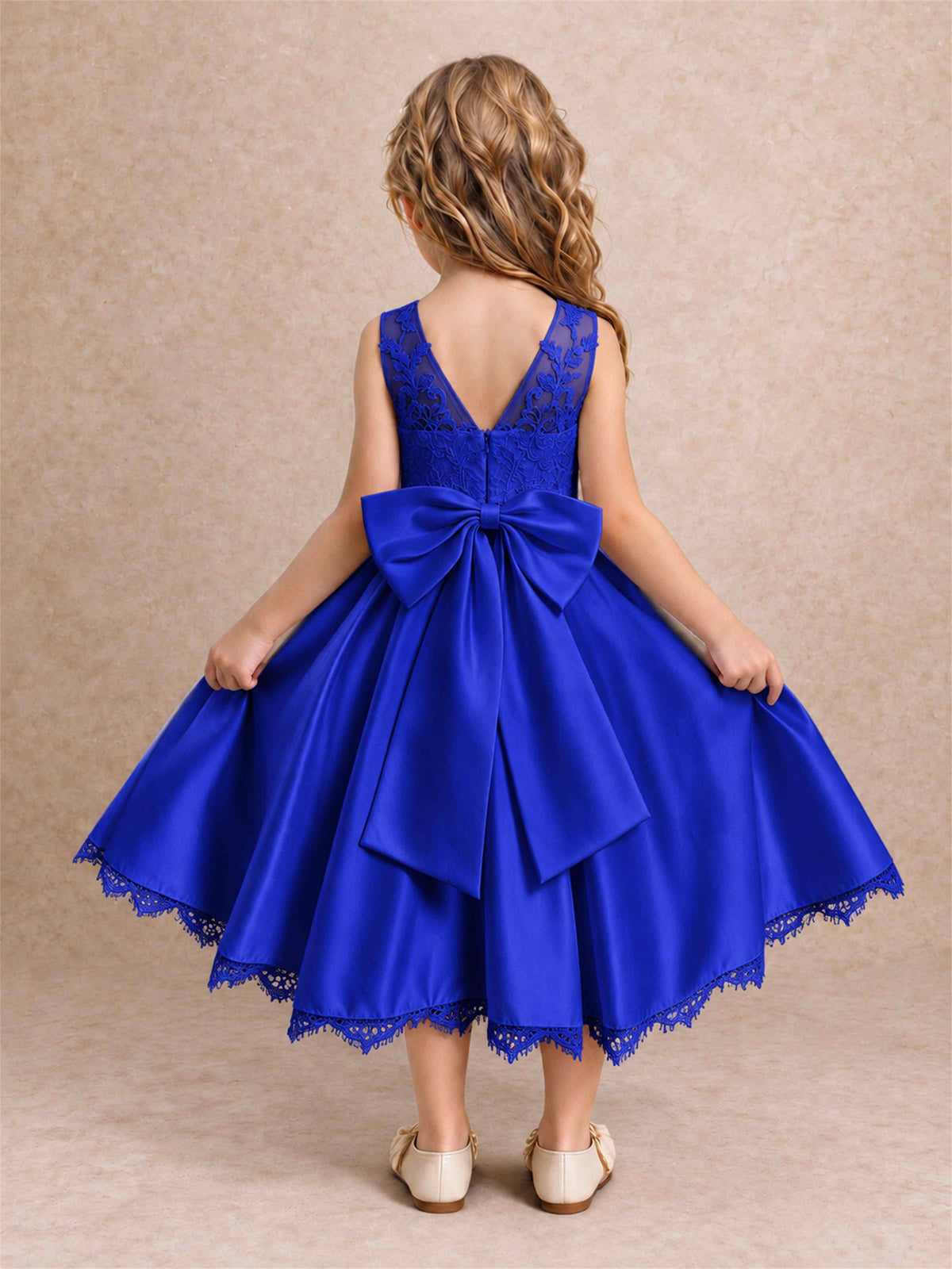 Flower Girl Dress Sleeveless Floral Lace Knee Length Lace Hem First Communion Dress