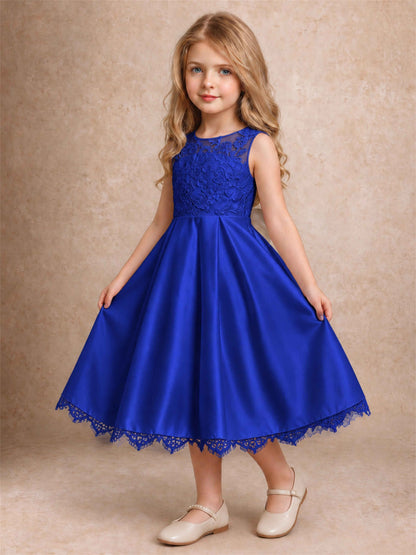 Flower Girl Dress Sleeveless Floral Lace Knee Length Lace Hem First Communion Dress