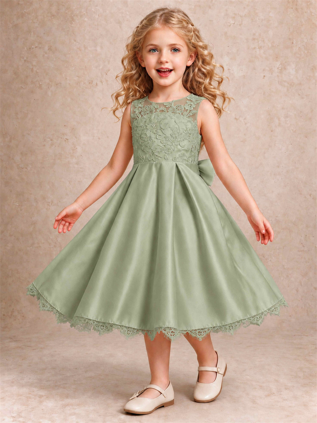 Flower Girl Dress Sleeveless Floral Lace Knee Length Lace Hem First Communion Dress