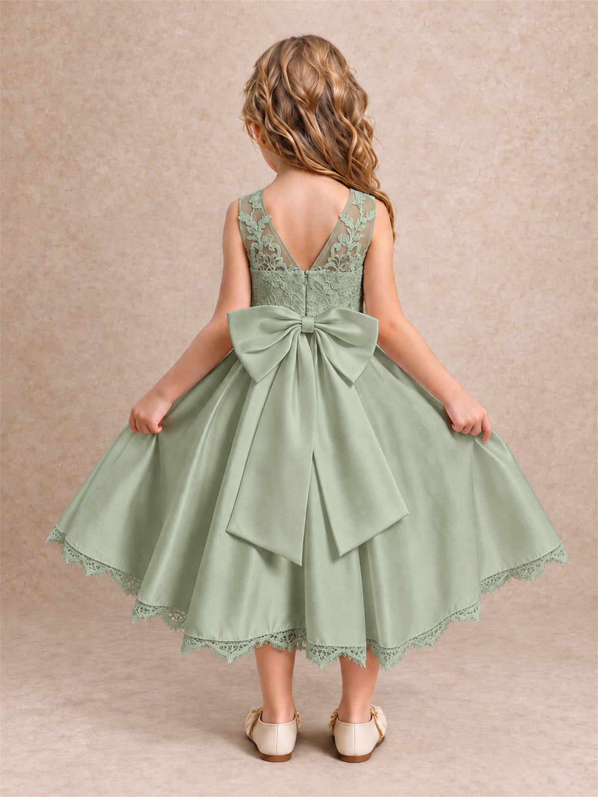 Flower Girl Dress Sleeveless Floral Lace Knee Length Lace Hem First Communion Dress