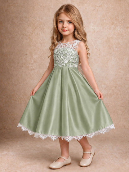 Flower Girl Dress Sleeveless Floral Lace Knee Length Lace Hem First Communion Dress