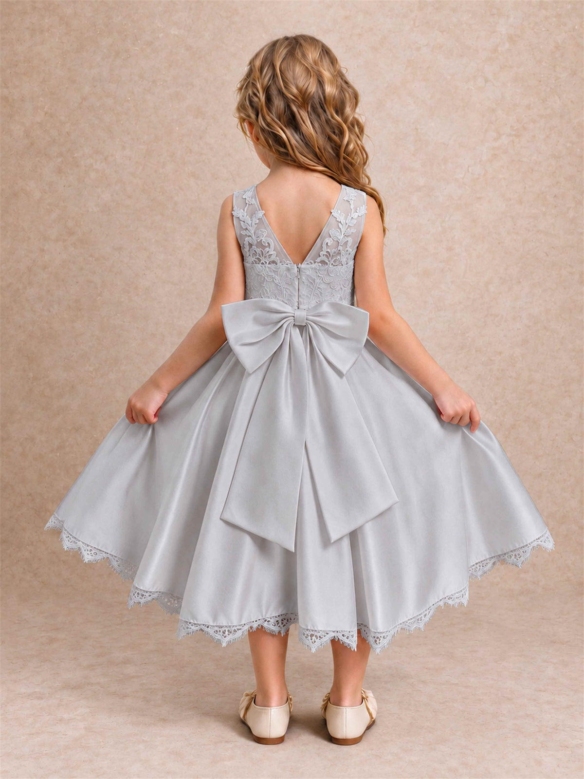 Flower Girl Dress Sleeveless Floral Lace Knee Length Lace Hem First Communion Dress