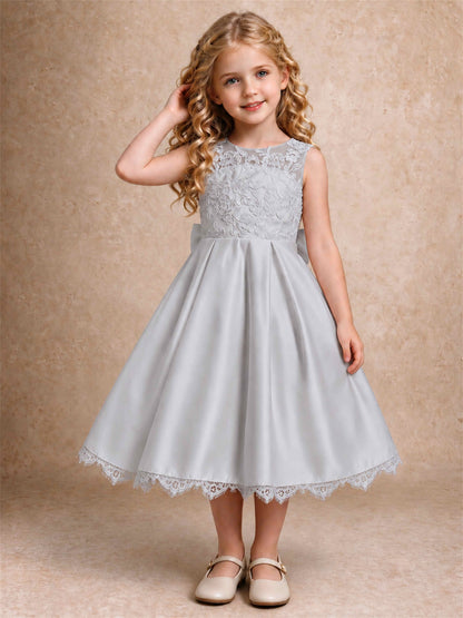 Flower Girl Dress Sleeveless Floral Lace Knee Length Lace Hem First Communion Dress