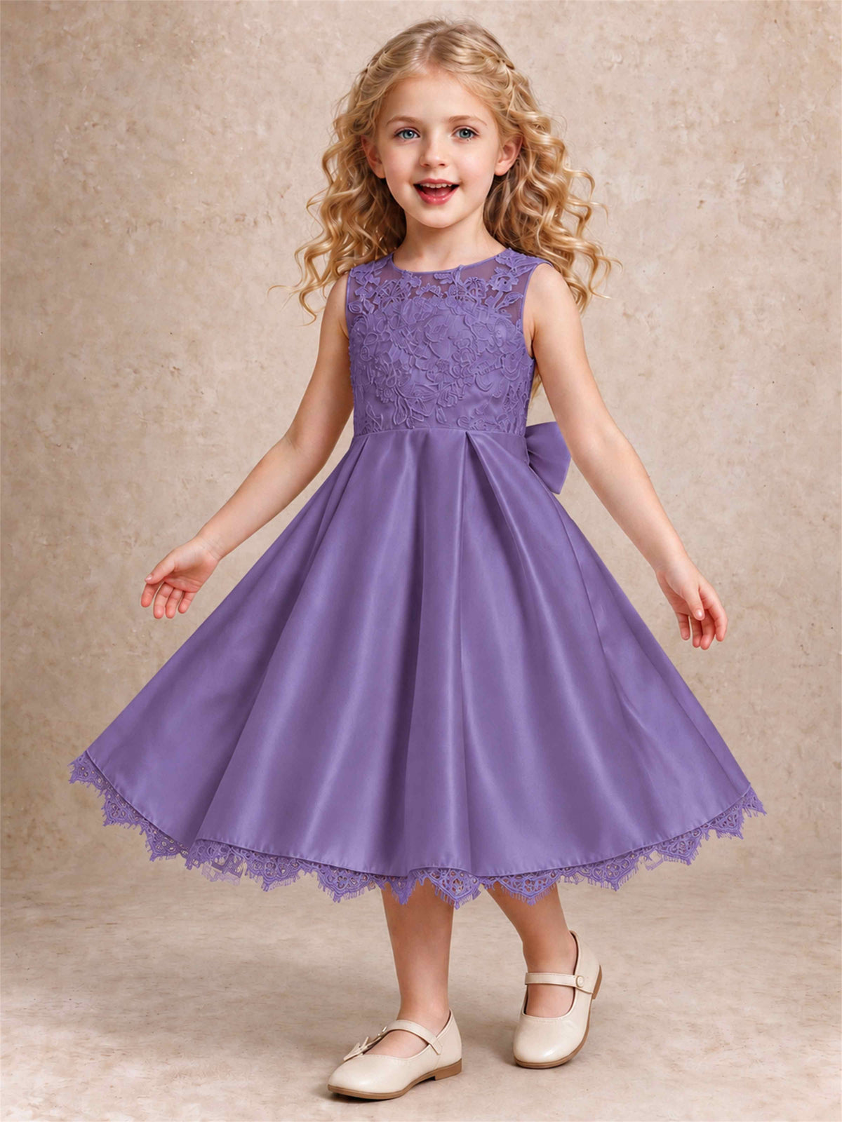 Flower Girl Dress Sleeveless Floral Lace Knee Length Lace Hem First Communion Dress