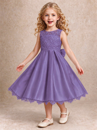 Flower Girl Dress Sleeveless Floral Lace Knee Length Lace Hem First Communion Dress