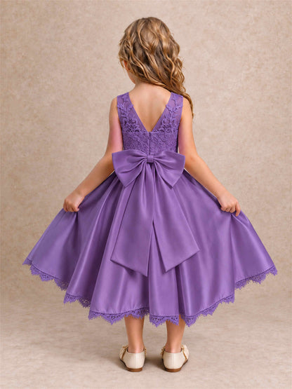 Flower Girl Dress Sleeveless Floral Lace Knee Length Lace Hem First Communion Dress