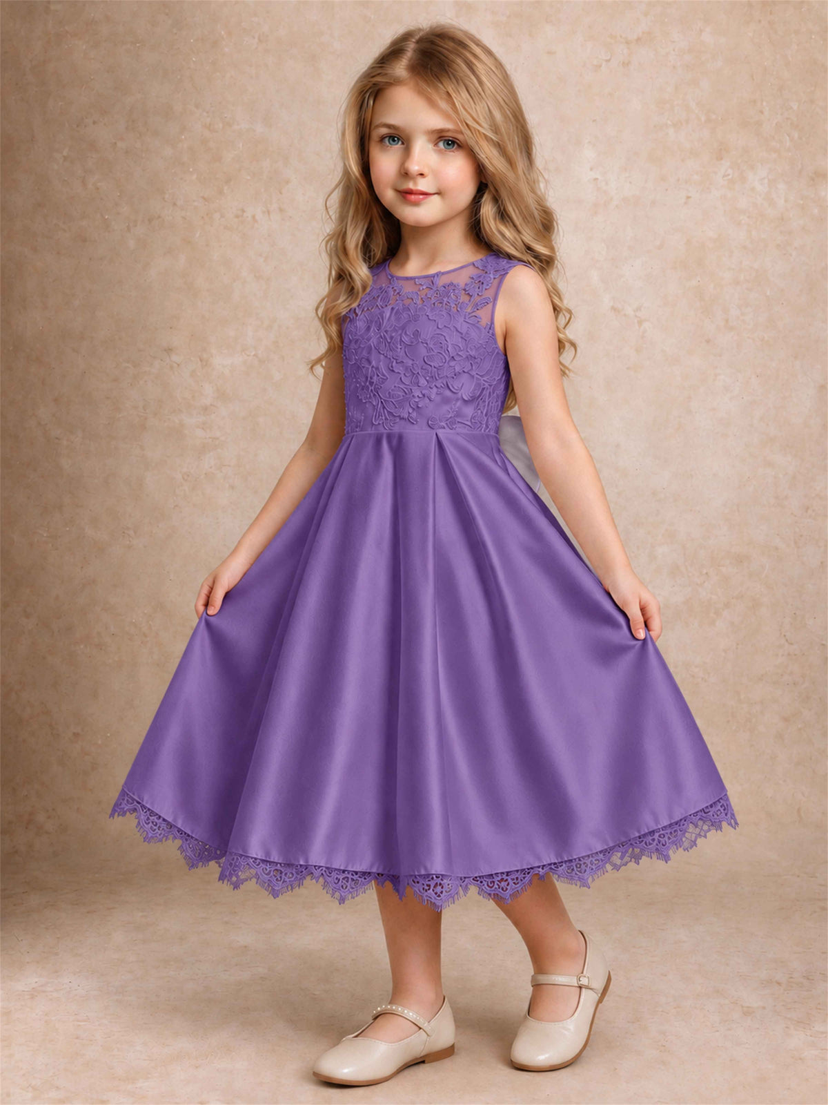 Flower Girl Dress Sleeveless Floral Lace Knee Length Lace Hem First Communion Dress