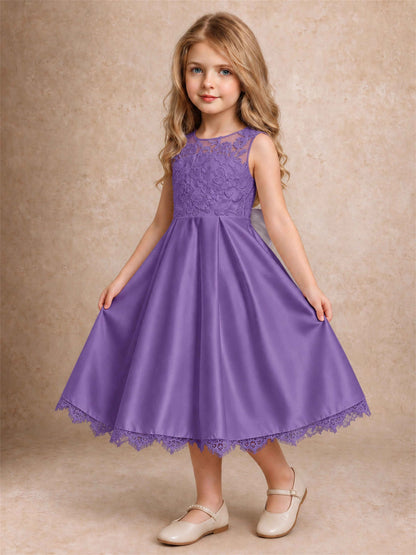 Flower Girl Dress Sleeveless Floral Lace Knee Length Lace Hem First Communion Dress