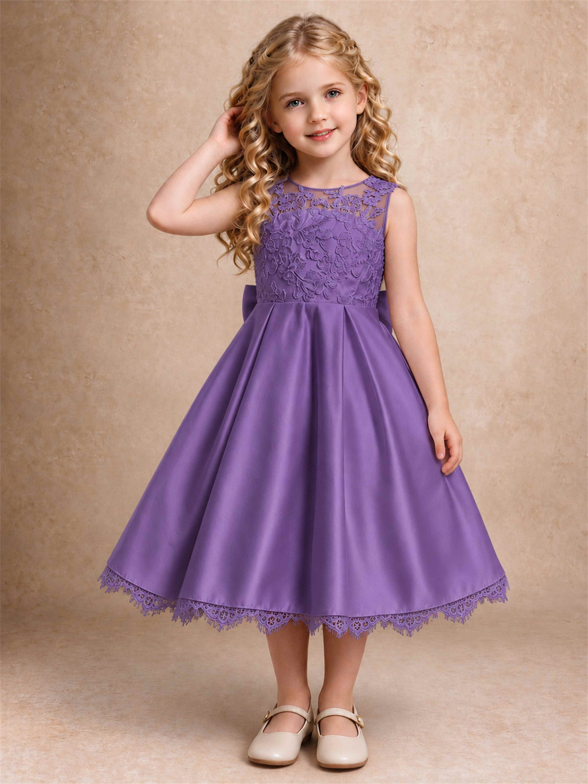Flower Girl Dress Sleeveless Floral Lace Knee Length Lace Hem First Communion Dress