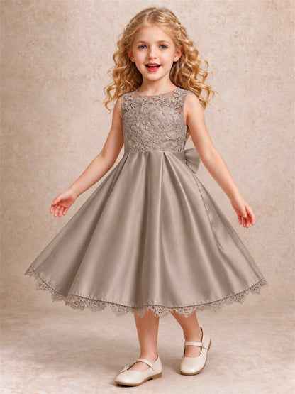 Flower Girl Dress Sleeveless Floral Lace Knee Length Lace Hem First Communion Dress