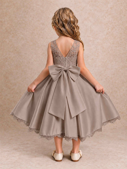 Flower Girl Dress Sleeveless Floral Lace Knee Length Lace Hem First Communion Dress