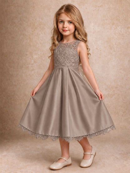 Flower Girl Dress Sleeveless Floral Lace Knee Length Lace Hem First Communion Dress