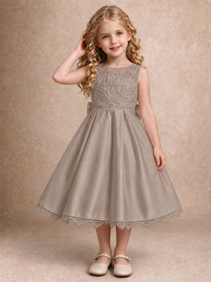 Flower Girl Dress Sleeveless Floral Lace Knee Length Lace Hem First Communion Dress