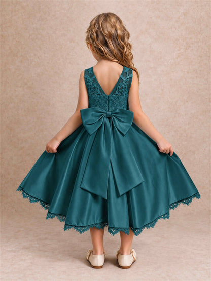 Flower Girl Dress Sleeveless Floral Lace Knee Length Lace Hem First Communion Dress