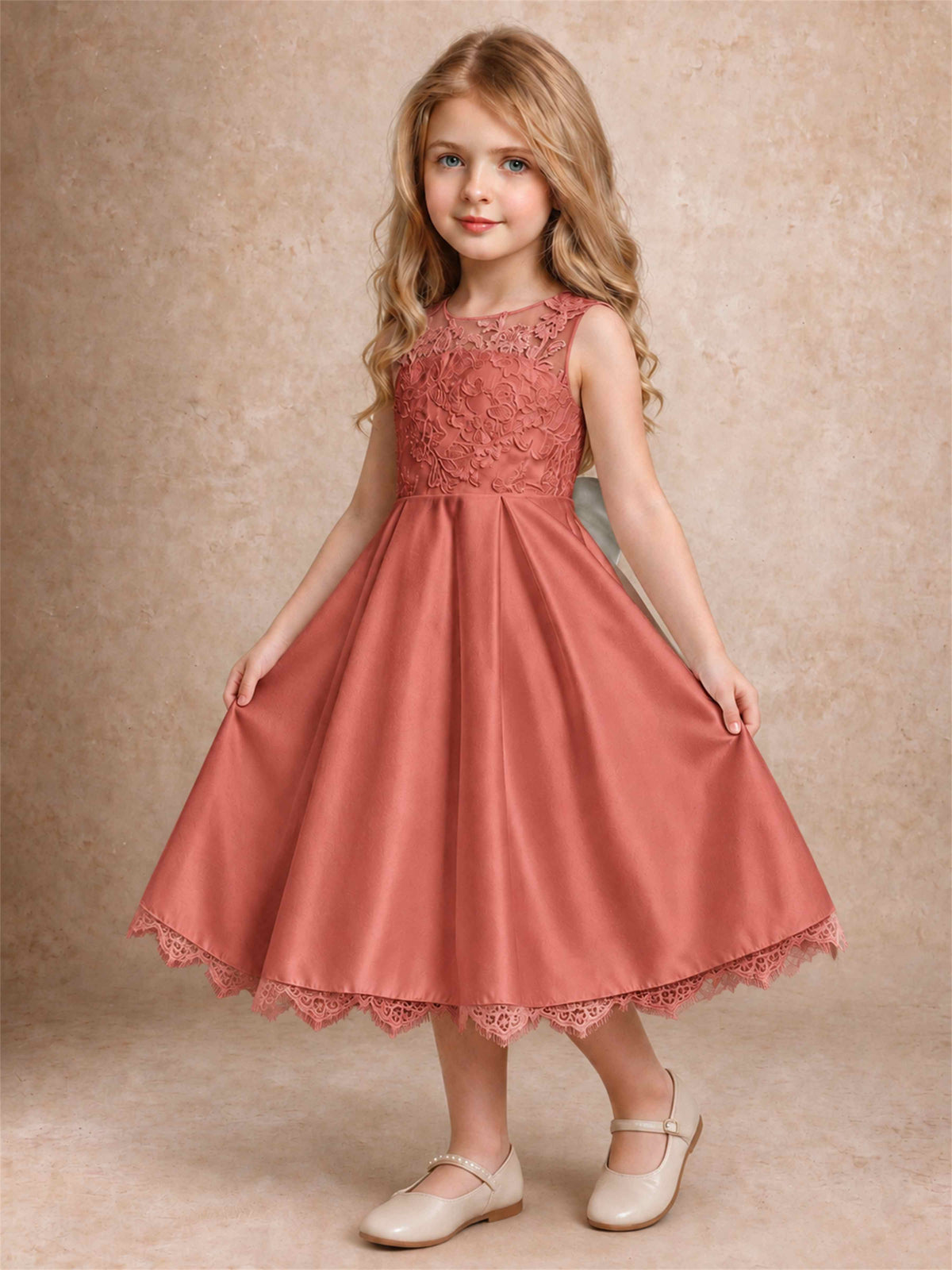 Flower Girl Dress Sleeveless Floral Lace Knee Length Lace Hem First Communion Dress
