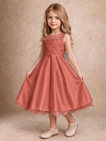 Flower Girl Dress Sleeveless Floral Lace Knee Length Lace Hem First Communion Dress
