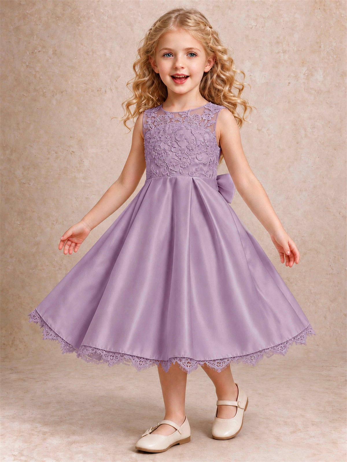 Flower Girl Dress Sleeveless Floral Lace Knee Length Lace Hem First Communion Dress