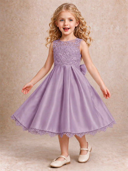 Flower Girl Dress Sleeveless Floral Lace Knee Length Lace Hem First Communion Dress