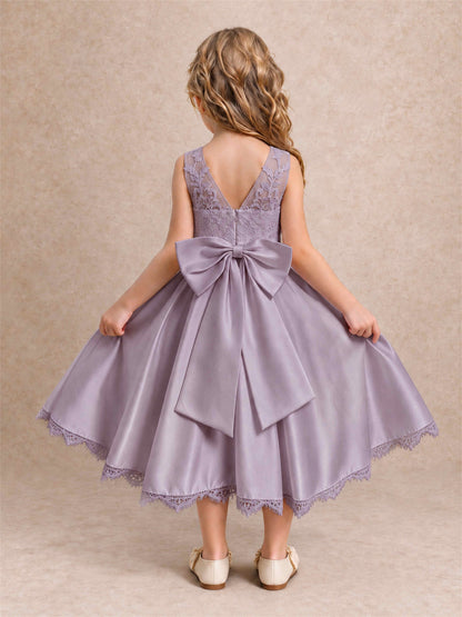 Flower Girl Dress Sleeveless Floral Lace Knee Length Lace Hem First Communion Dress