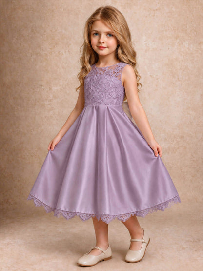 Flower Girl Dress Sleeveless Floral Lace Knee Length Lace Hem First Communion Dress