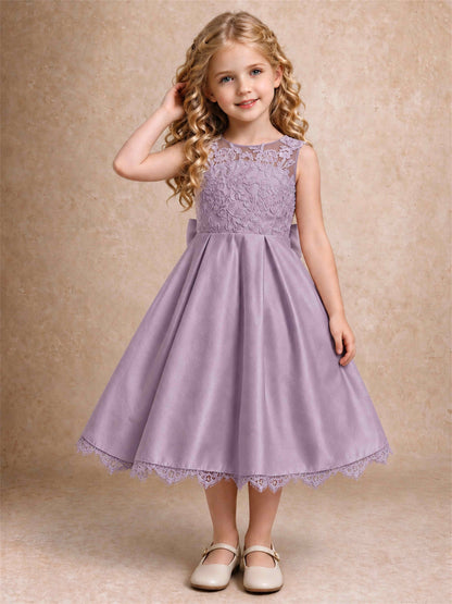Flower Girl Dress Sleeveless Floral Lace Knee Length Lace Hem First Communion Dress