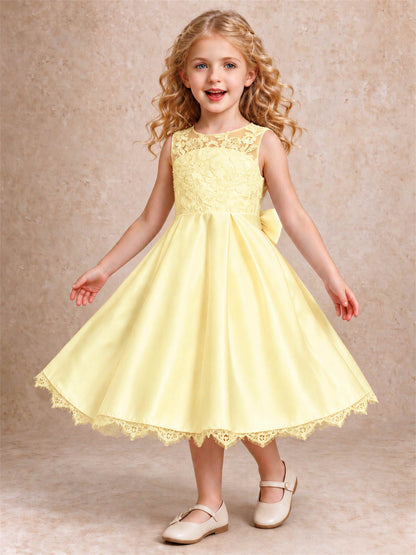 Flower Girl Dress Sleeveless Floral Lace Knee Length Lace Hem First Communion Dress