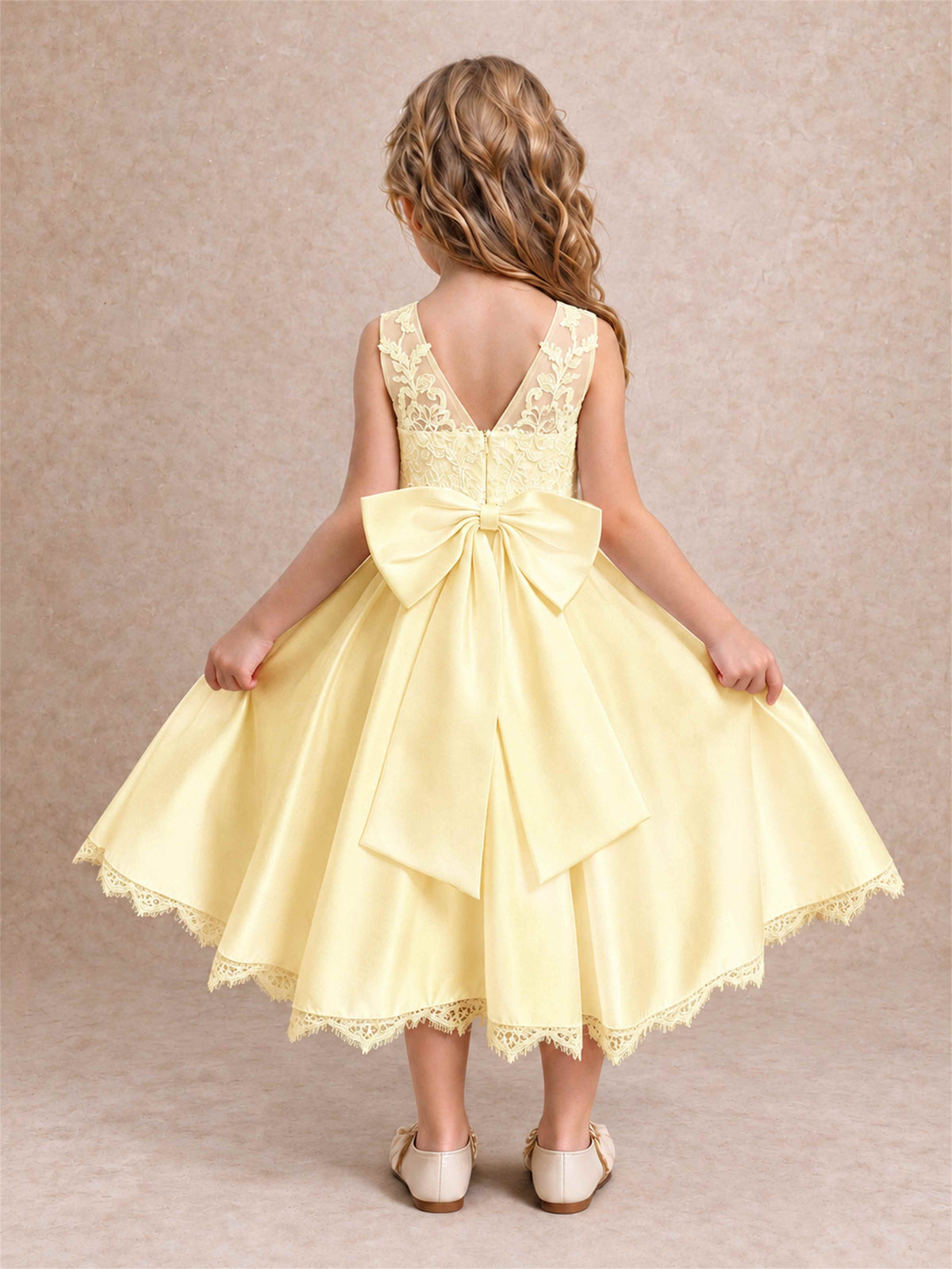 Flower Girl Dress Sleeveless Floral Lace Knee Length Lace Hem First Communion Dress