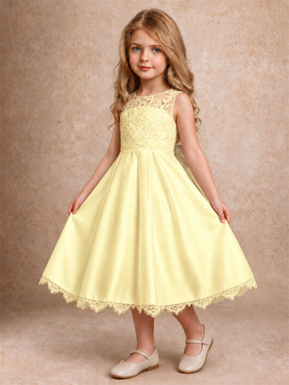 Flower Girl Dress Sleeveless Floral Lace Knee Length Lace Hem First Communion Dress
