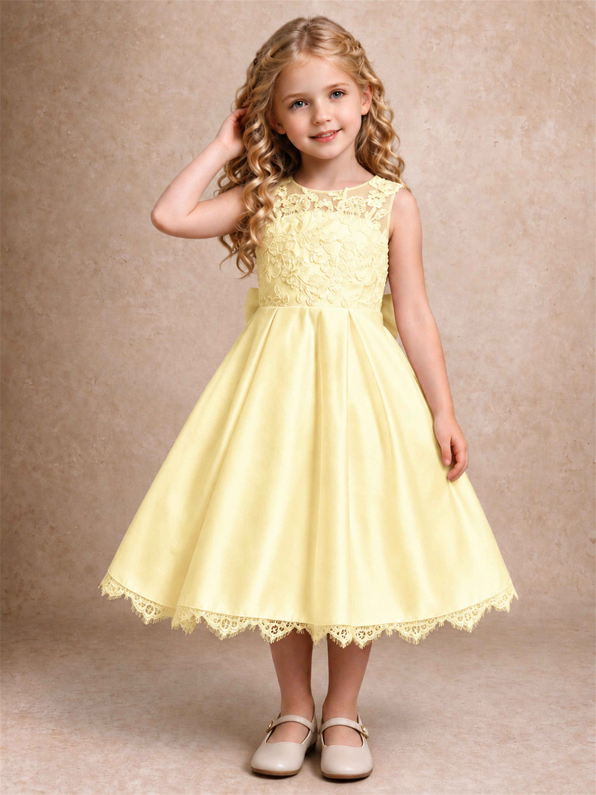 Flower Girl Dress Sleeveless Floral Lace Knee Length Lace Hem First Communion Dress